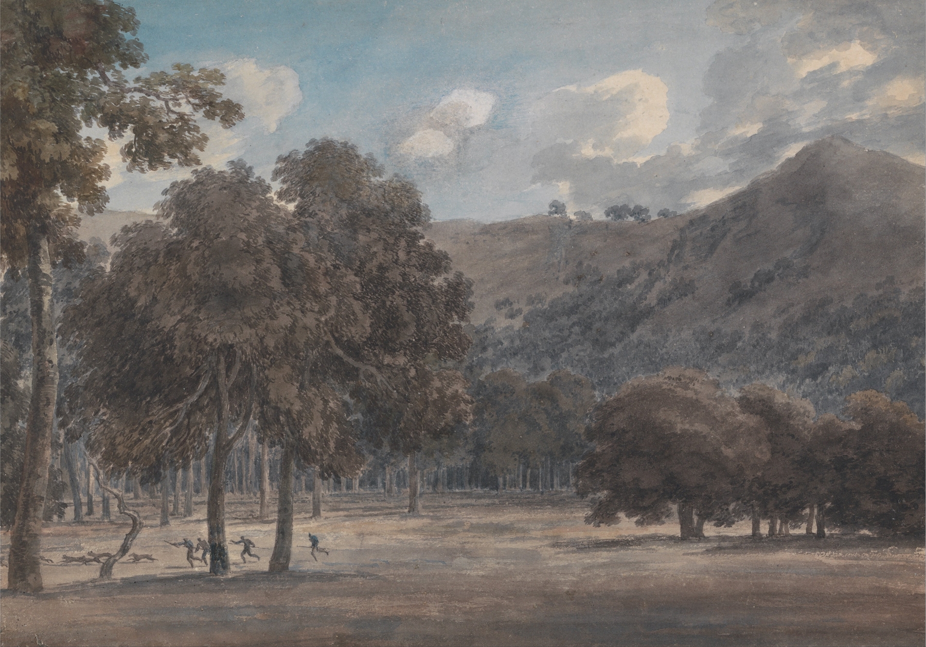 Watercolour by John Robert Cozens depicting a wooded crater with a hunt in progress.