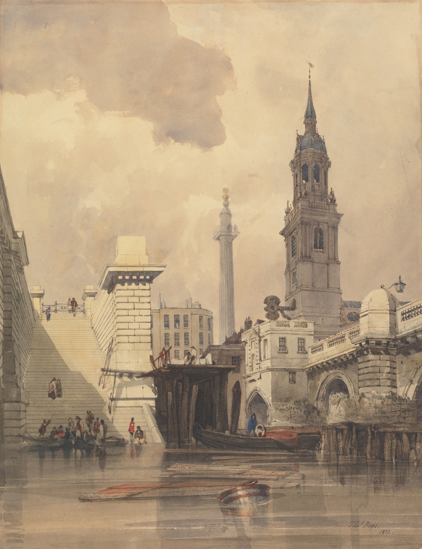The Church of St. Magnus the Martyr, London Bridge, with the Monument in the Background, by Thomas Shotter Boys, public domain