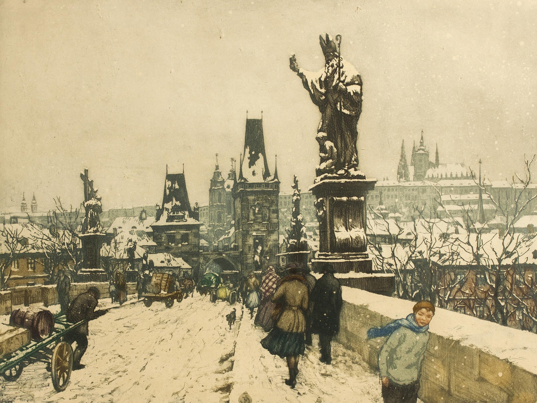 Charles Bridge by Tavík František Šimon, oil on canvas, depicts a serene landscape with a bridge and river.
