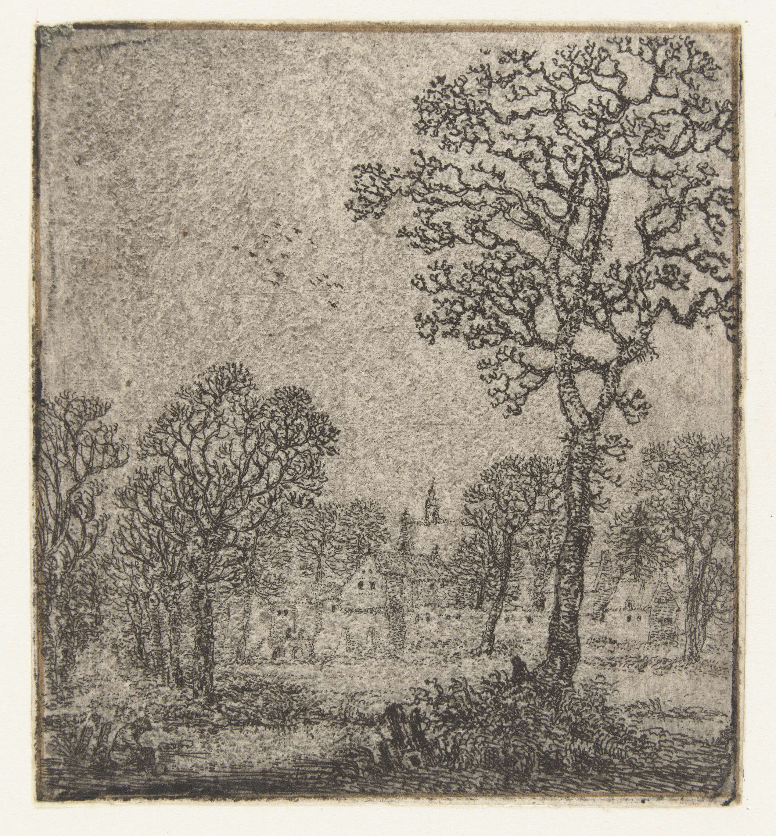 Winter landscape with a village, etching by Jan van Brosterhuyzen