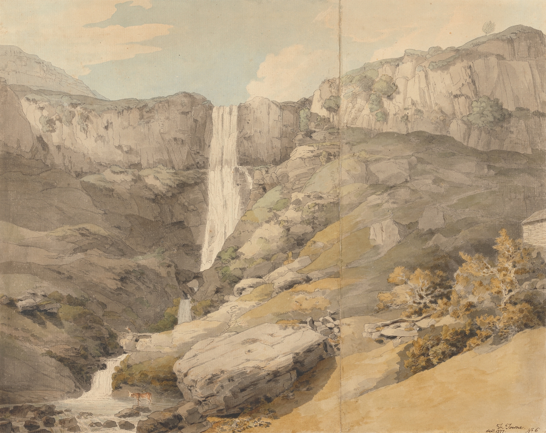 View of the Rhydaer by Francis Towne, watercolor on paper, depicting a tranquil river and sky.