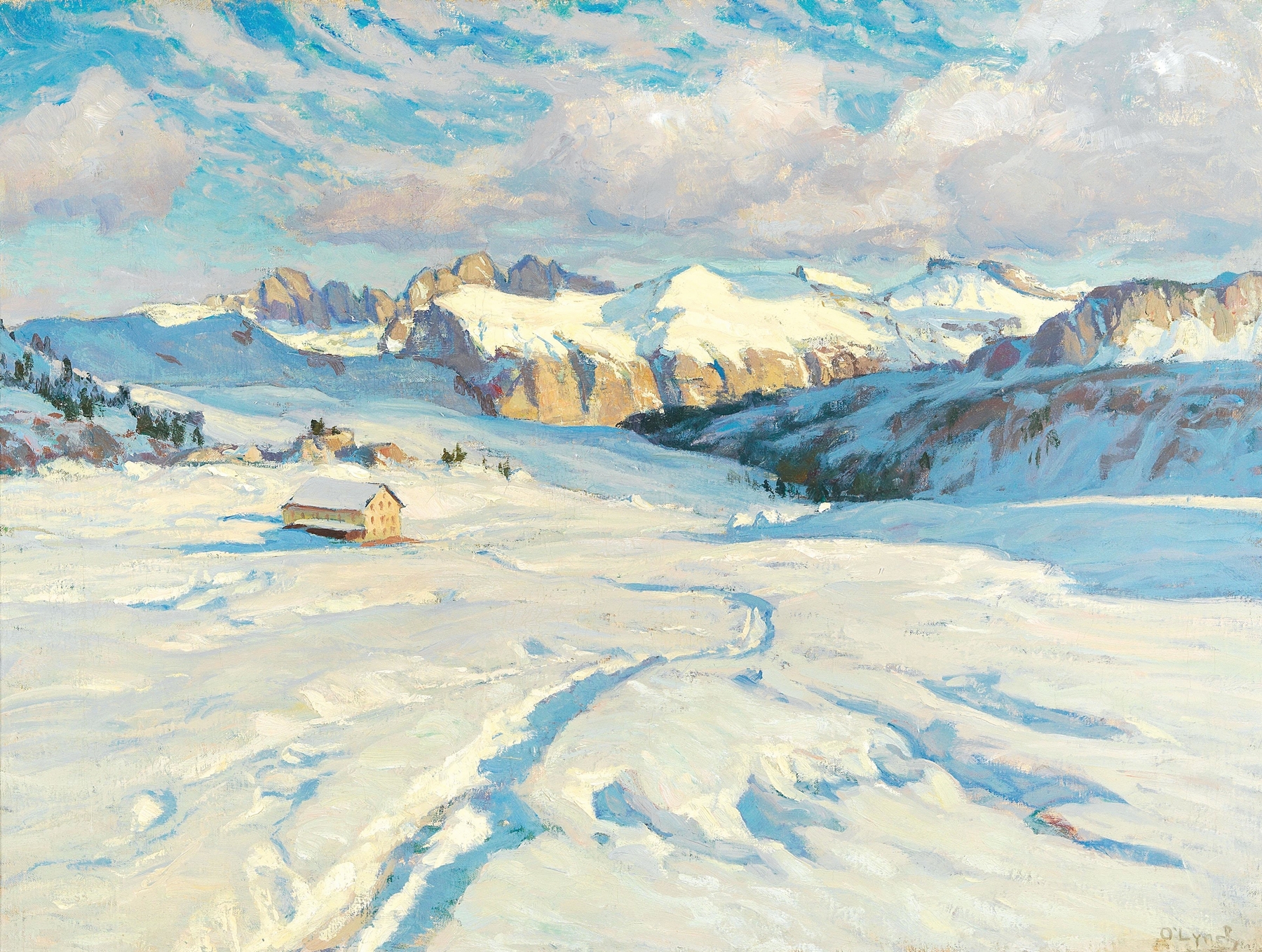 Winter landscape with a frozen river by Carl O'Lynch, oil painting