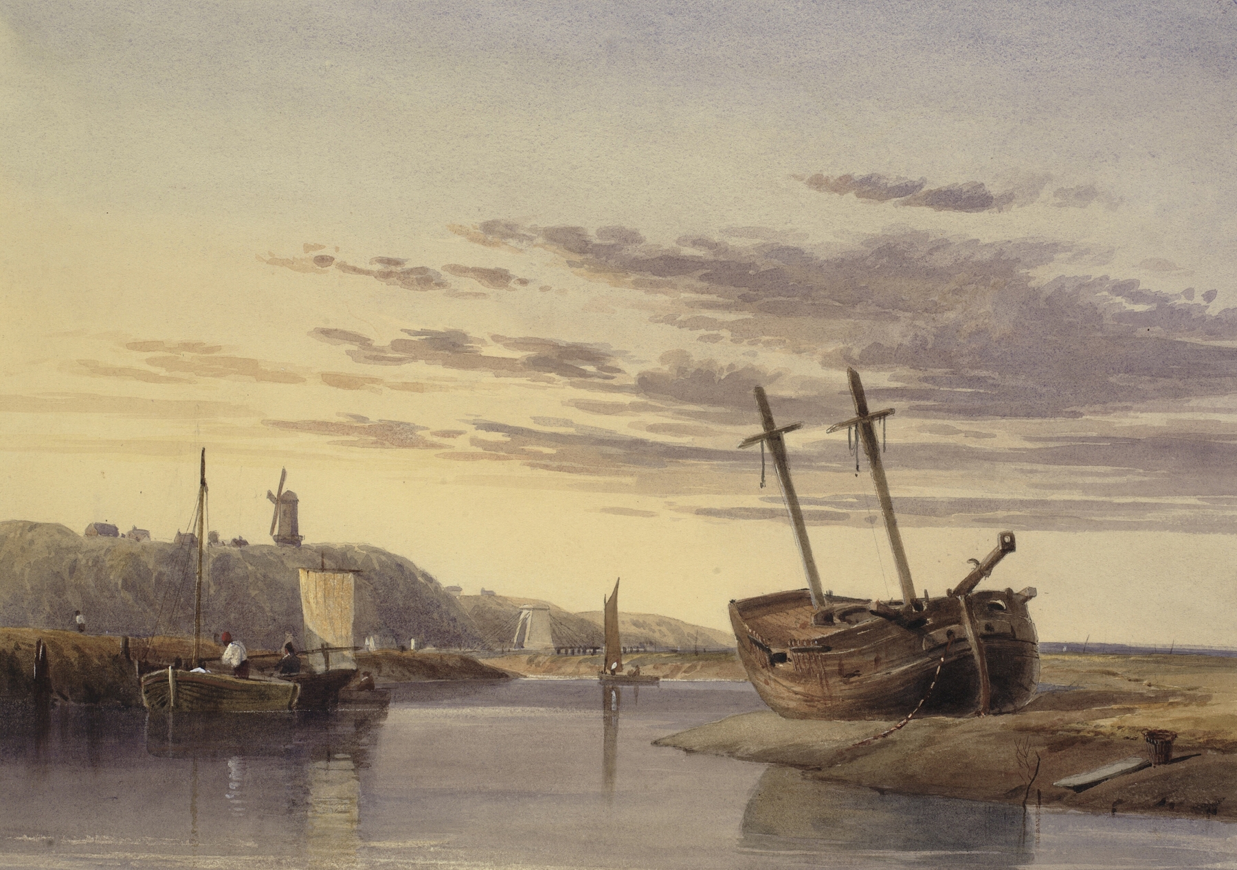 Fishing boats in Rye Harbour, oil on canvas by Charles Bentley