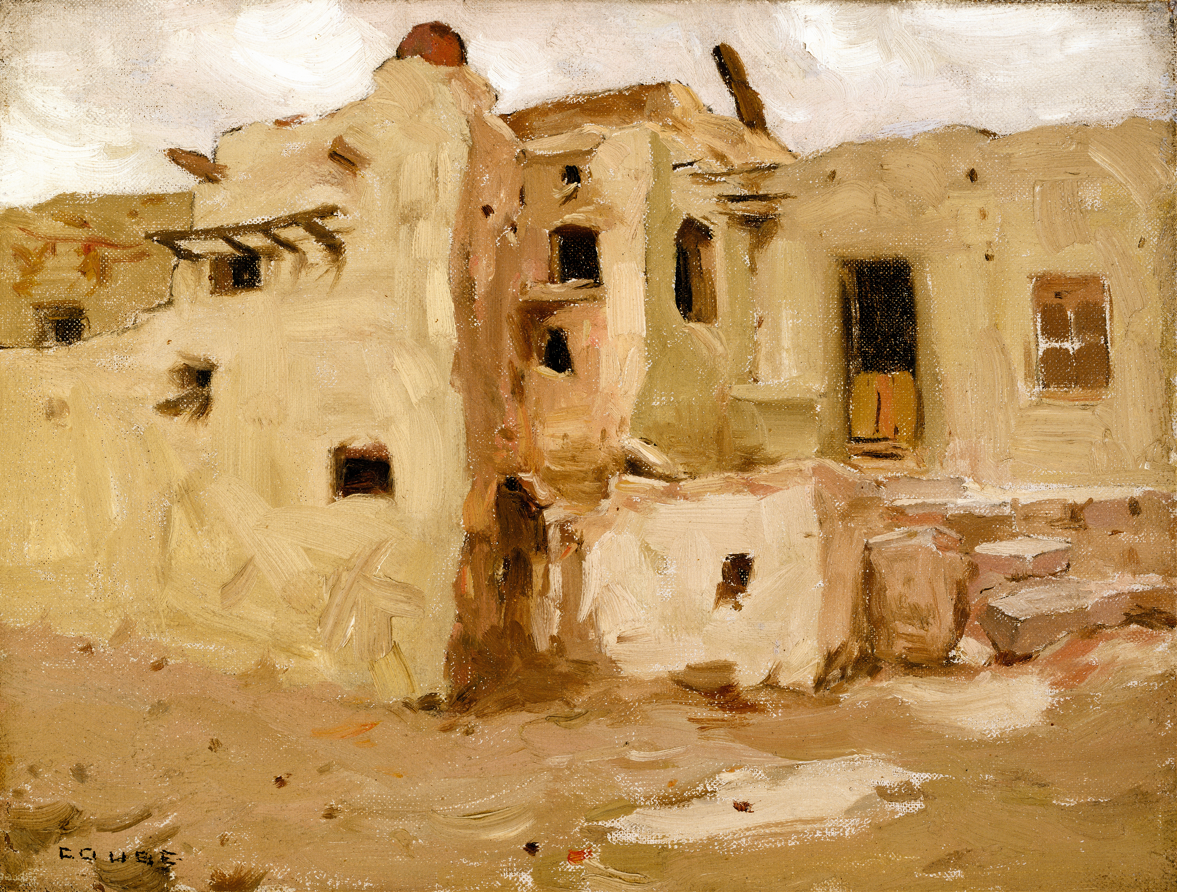 Walpi Pueblo by Eanger Irving Couse, oil on canvas depicting adobe structures under a bright sky.