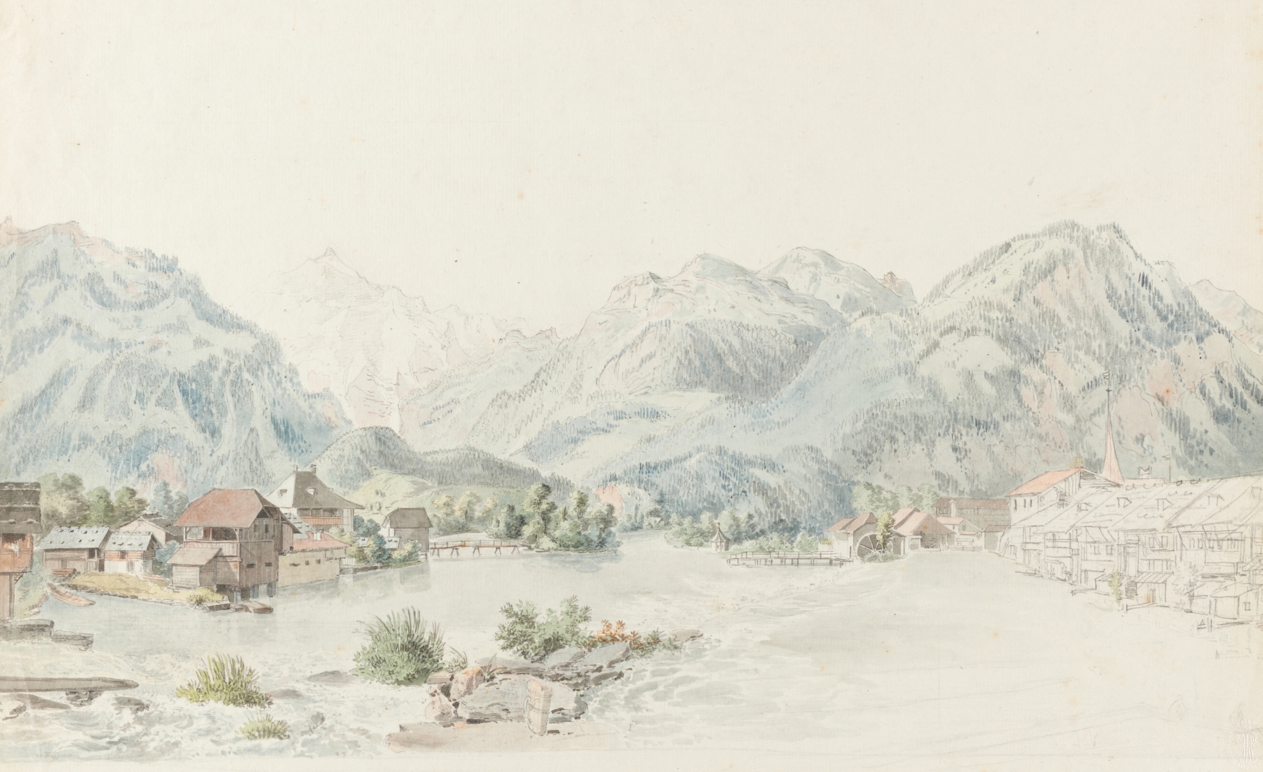Engraving by Johann Ludwig Aberli depicting a serene landscape with hills and water.