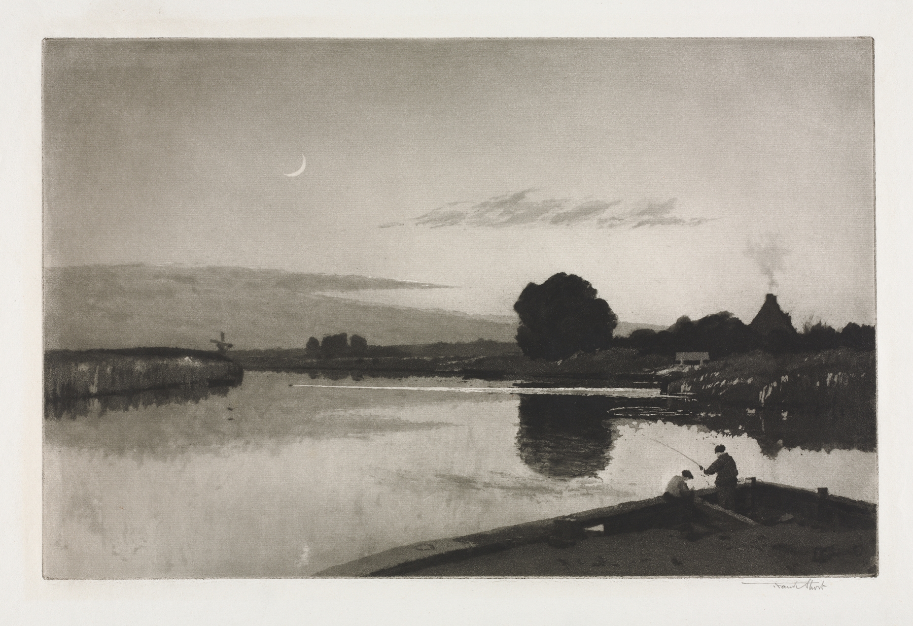 Landscape featuring a crescent moon and twilight, by Sir Frank Short