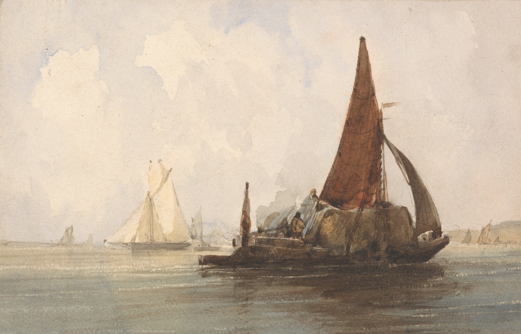 Hay Barge in a Calm Sea by Charles Bentley, oil on canvas depicting a barge on a calm ocean