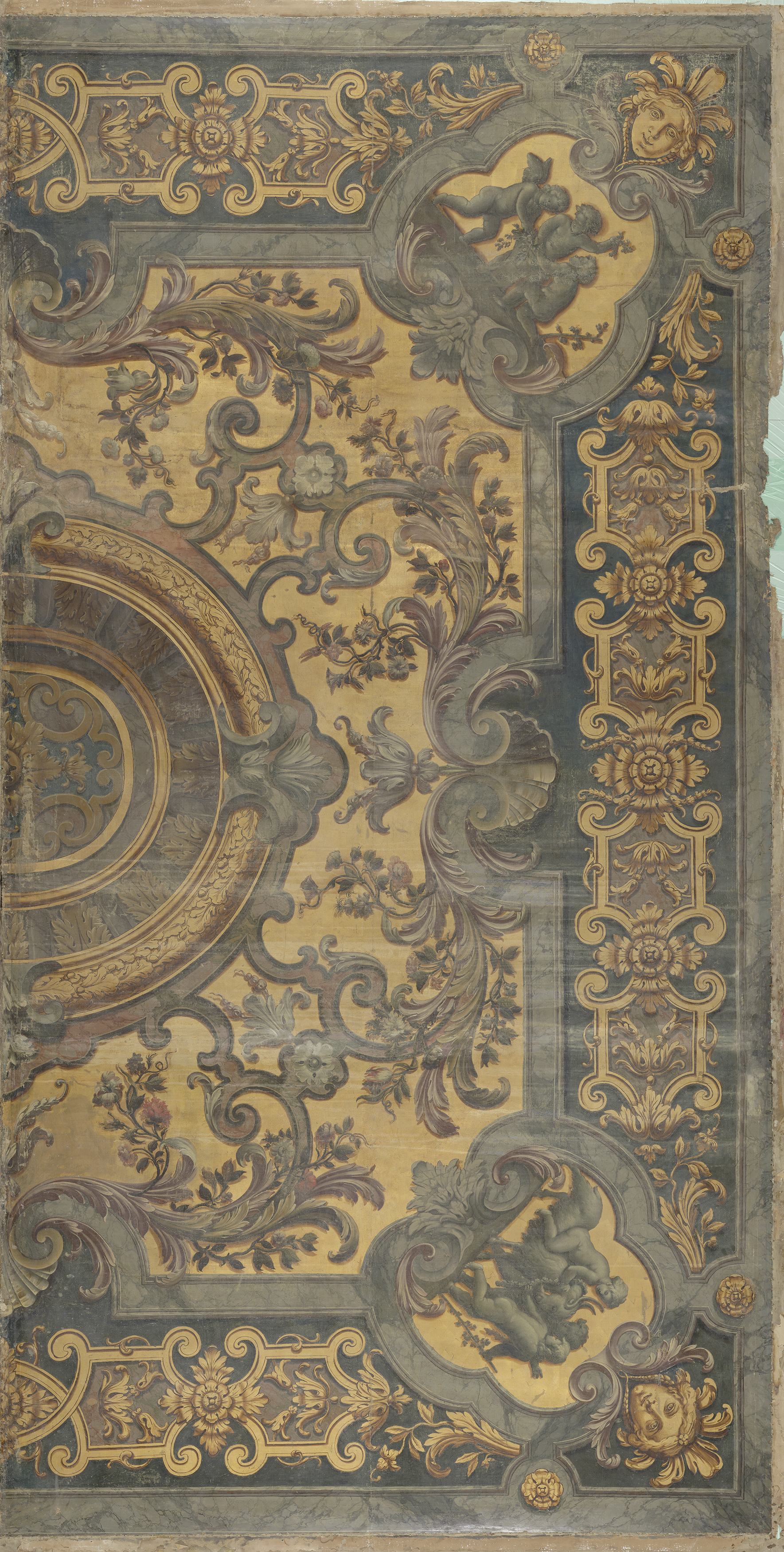 Ornamentale plafondschildering met in de hoeken voorstellingen van putti, by Elias van Nijmegen, public domain