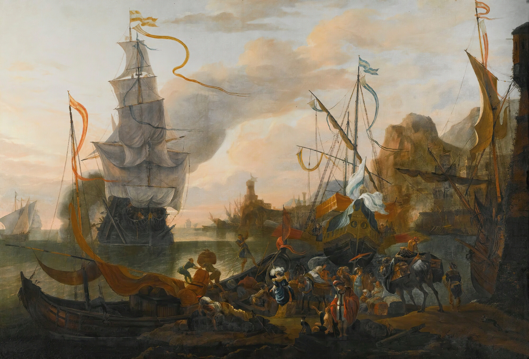 A Levantine Harbour with a galley and man-of-war, oil painting by Hendrik van Minderhout