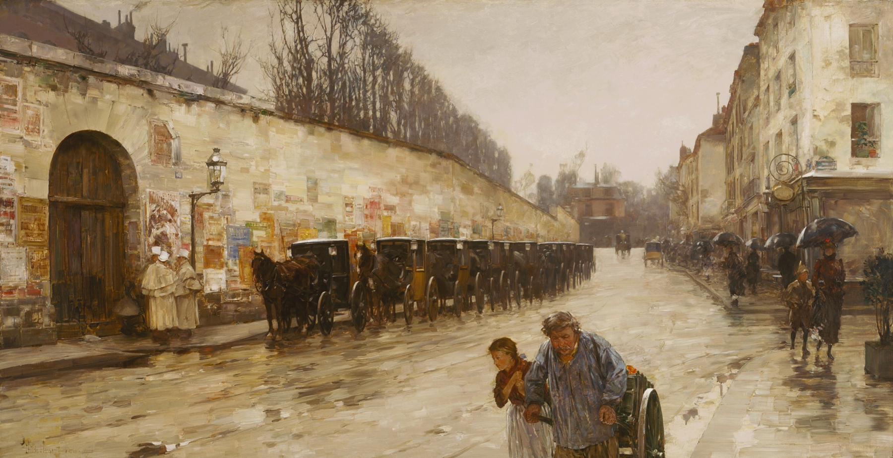 Une Averse—rue Bonaparte by Childe Hassam, oil on canvas depicting figures with umbrellas in the rain.