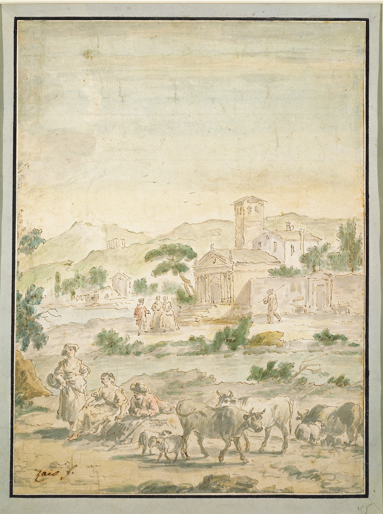 Landscape with Figures by Giuseppe Zais, oil painting depicting figures in a lush meadow.