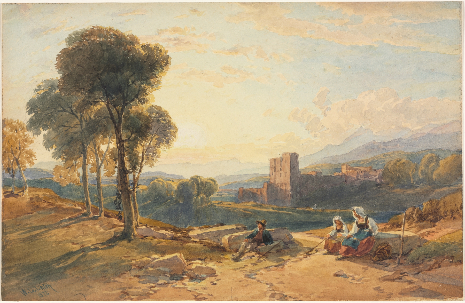Landscape, Italy by William Leighton Leitch, oil painting depicting Italian hills at sunset.