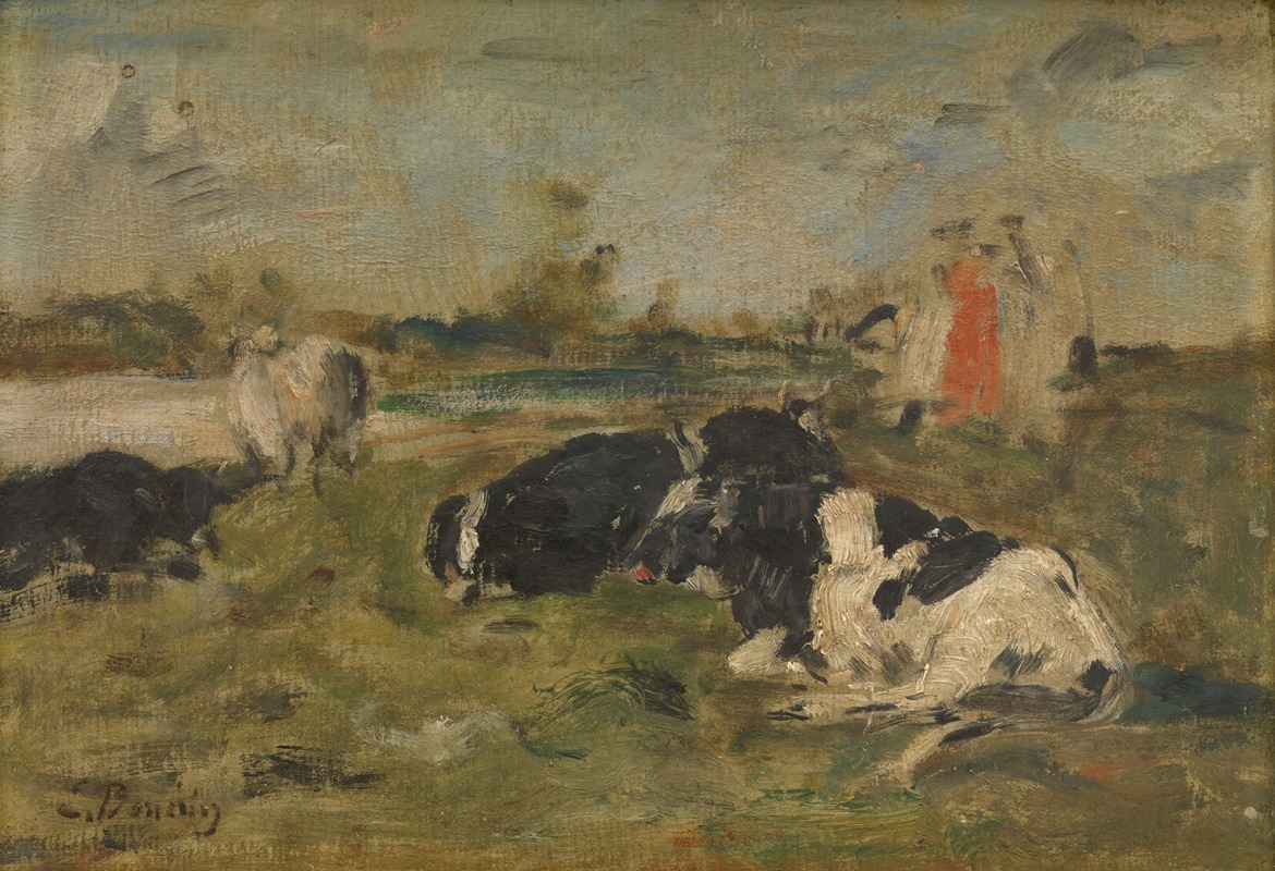 A serene landscape featuring cows grazing in a lush green meadow.