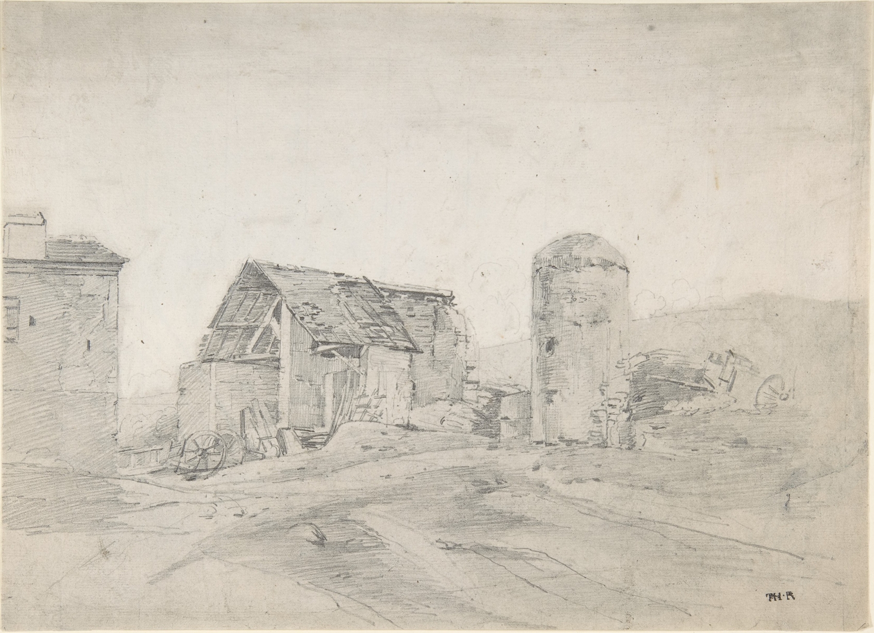 Farmyard in Normandy by Théodore Rousseau, oil painting depicting a rustic farmhouse and lush greenery