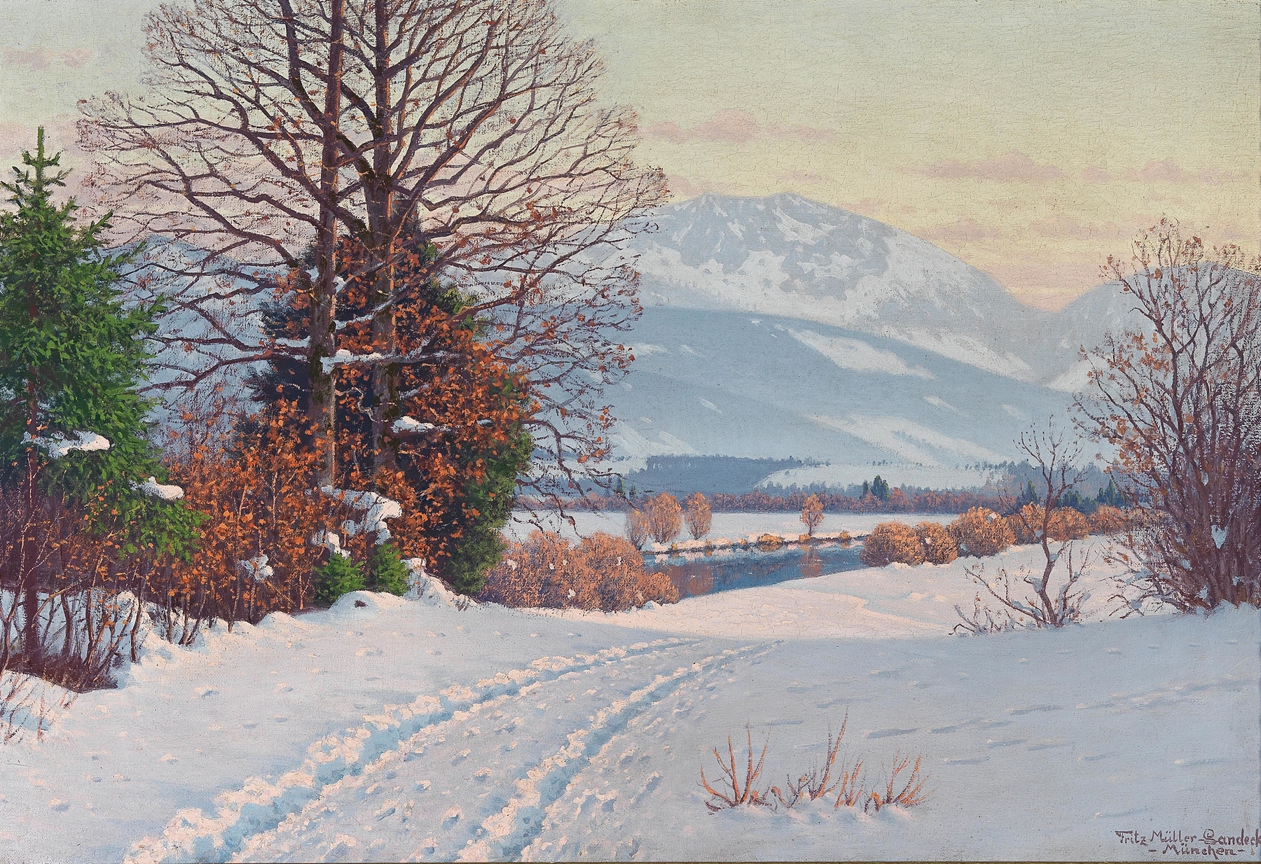 A Sunny Winter Day, oil on canvas by Fritz Müller-Landeck, depicting a vibrant winter landscape with sunlight.