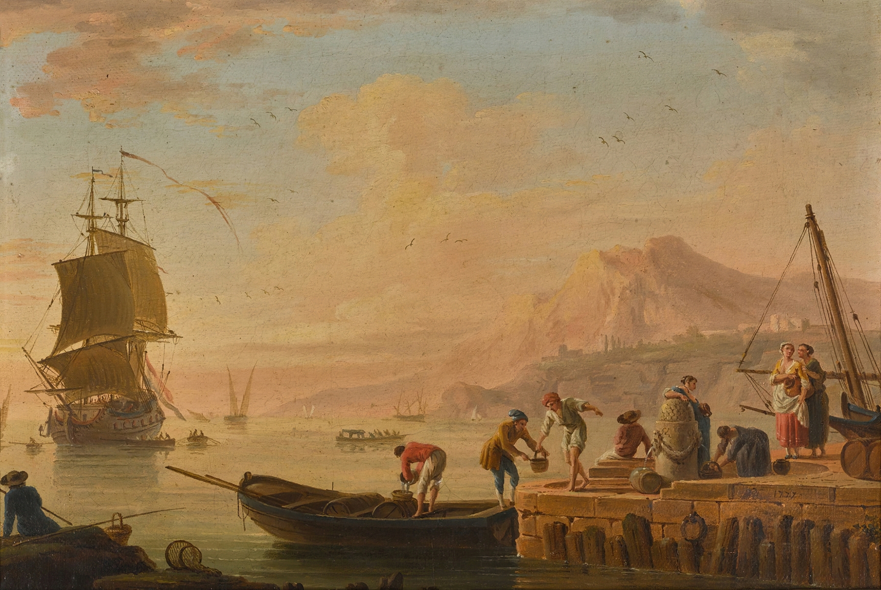 A Mediterranean harbour scene with fishermen unloading their boats, by Charles-François Grenier De Lacroix, public domain