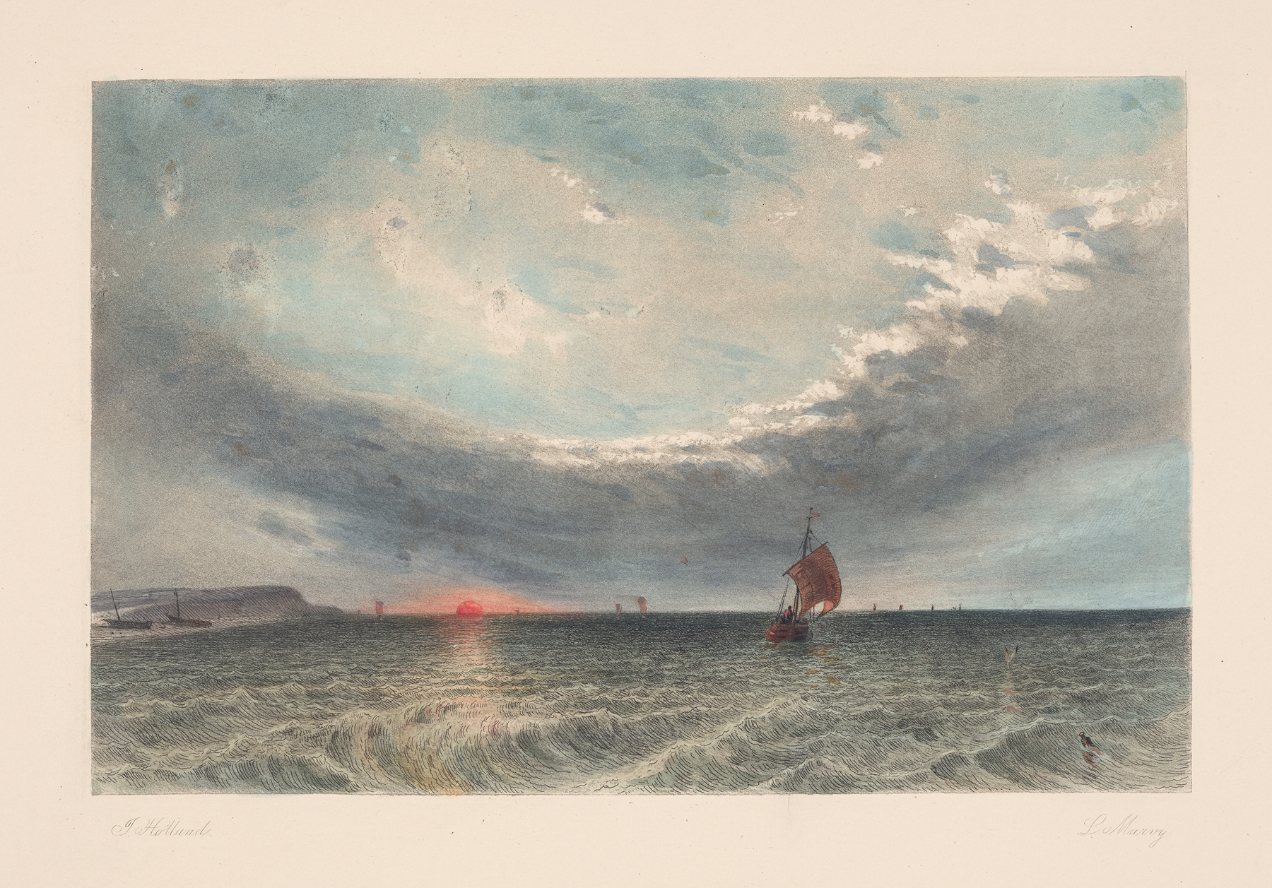 Seascape at sunset by Louis Marvy, oil on canvas showing gentle waves and a golden sunset