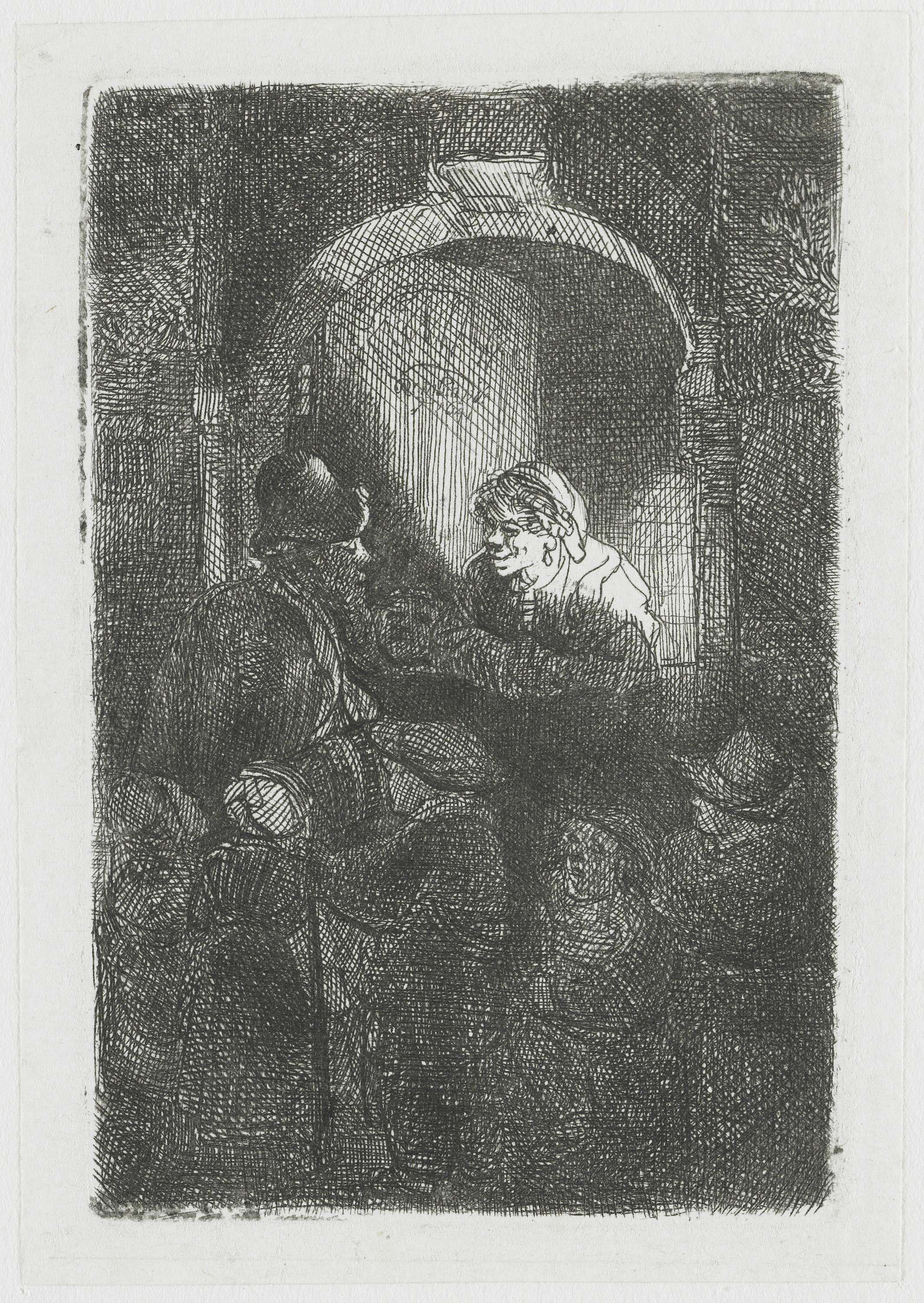 Hurdy-gurdy player with children at a house, etching by Rembrandt van Rijn