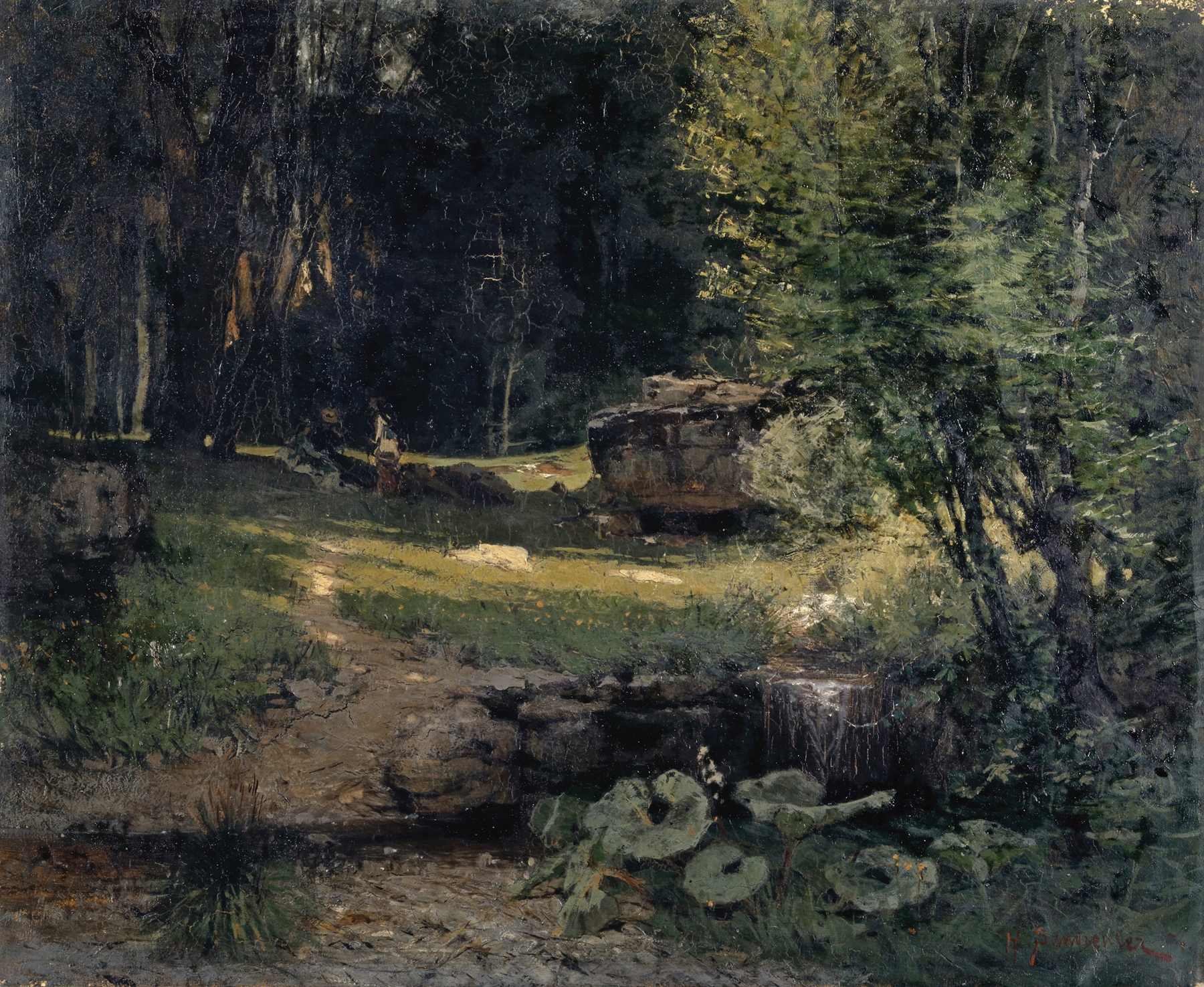 Interior of a Forest by Hans Sandreuter, oil on canvas depicting a serene forest.