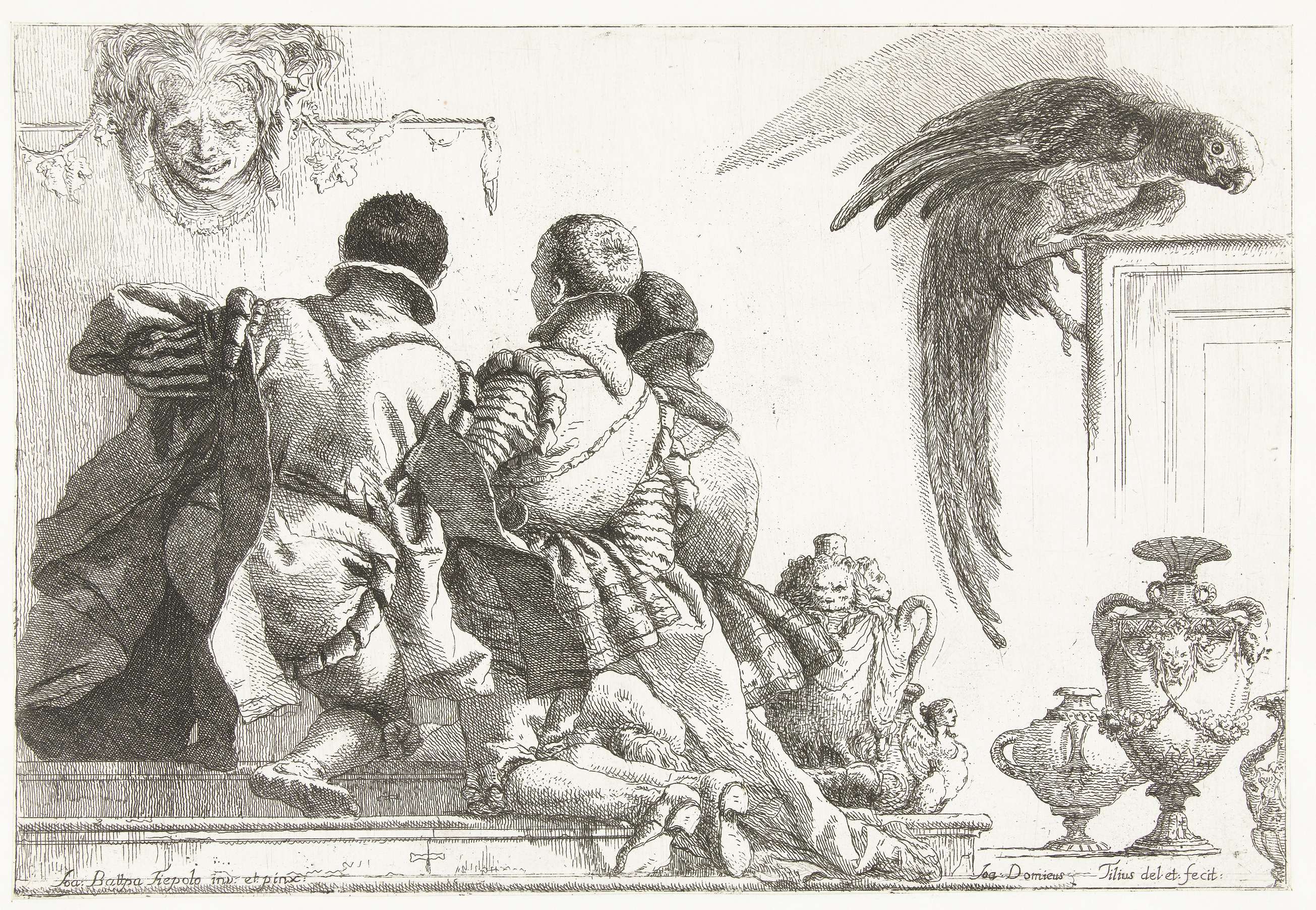 Drie knielende jongens op de rug gezien en papegaai, by Giovanni Domenico Tiepolo, public domain