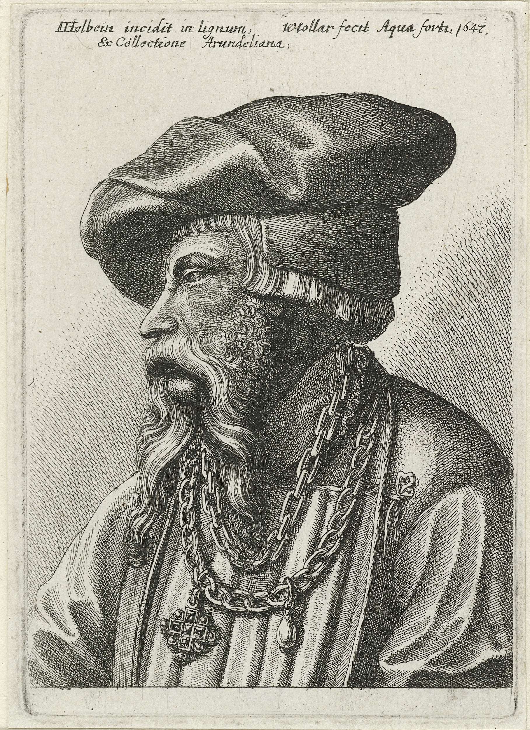 Portrait of a man with a beard, hat, and necklace, etching by Wenceslaus Hollar