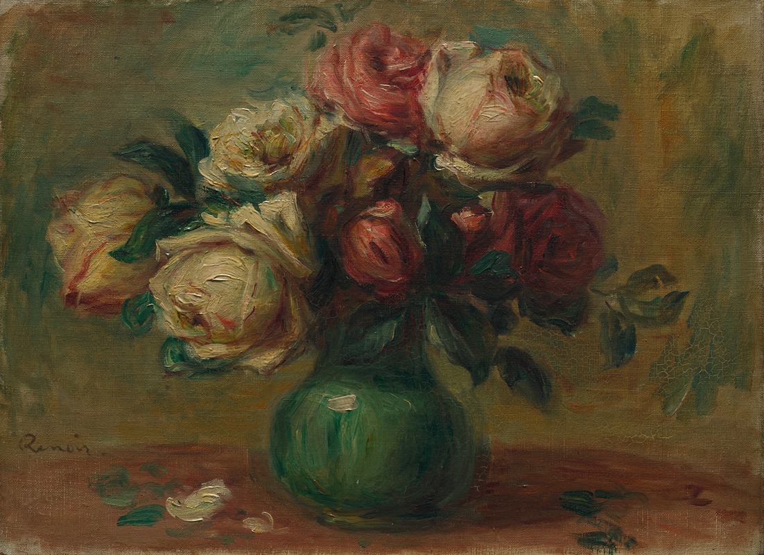 A beautiful still life painting of roses in a vase by Renoir.