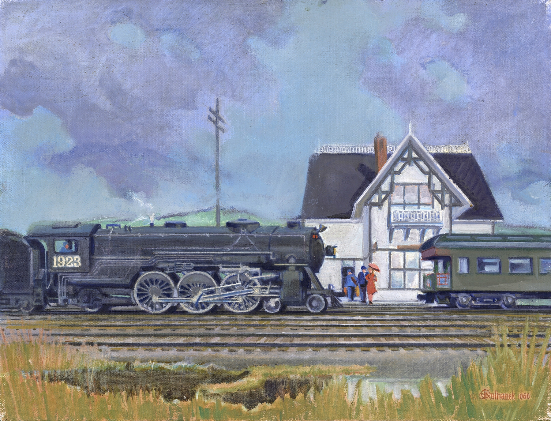 Figurative artwork by James C. Kulhanek depicting a figure at a train station, 1966