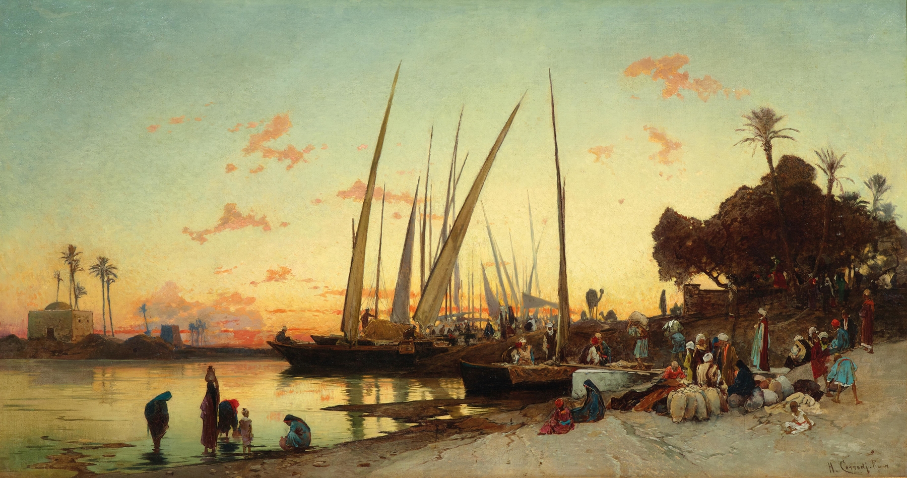Egypt, on the Banks of the Nile by Hermann David Salomon Corrodi, oil on canvas depicting the serene Nile river