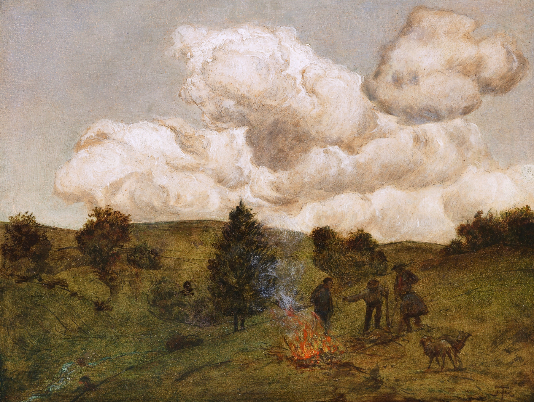 Herbstfeuer by Hans Thoma, oil painting depicting an autumn landscape with flames and warm light.