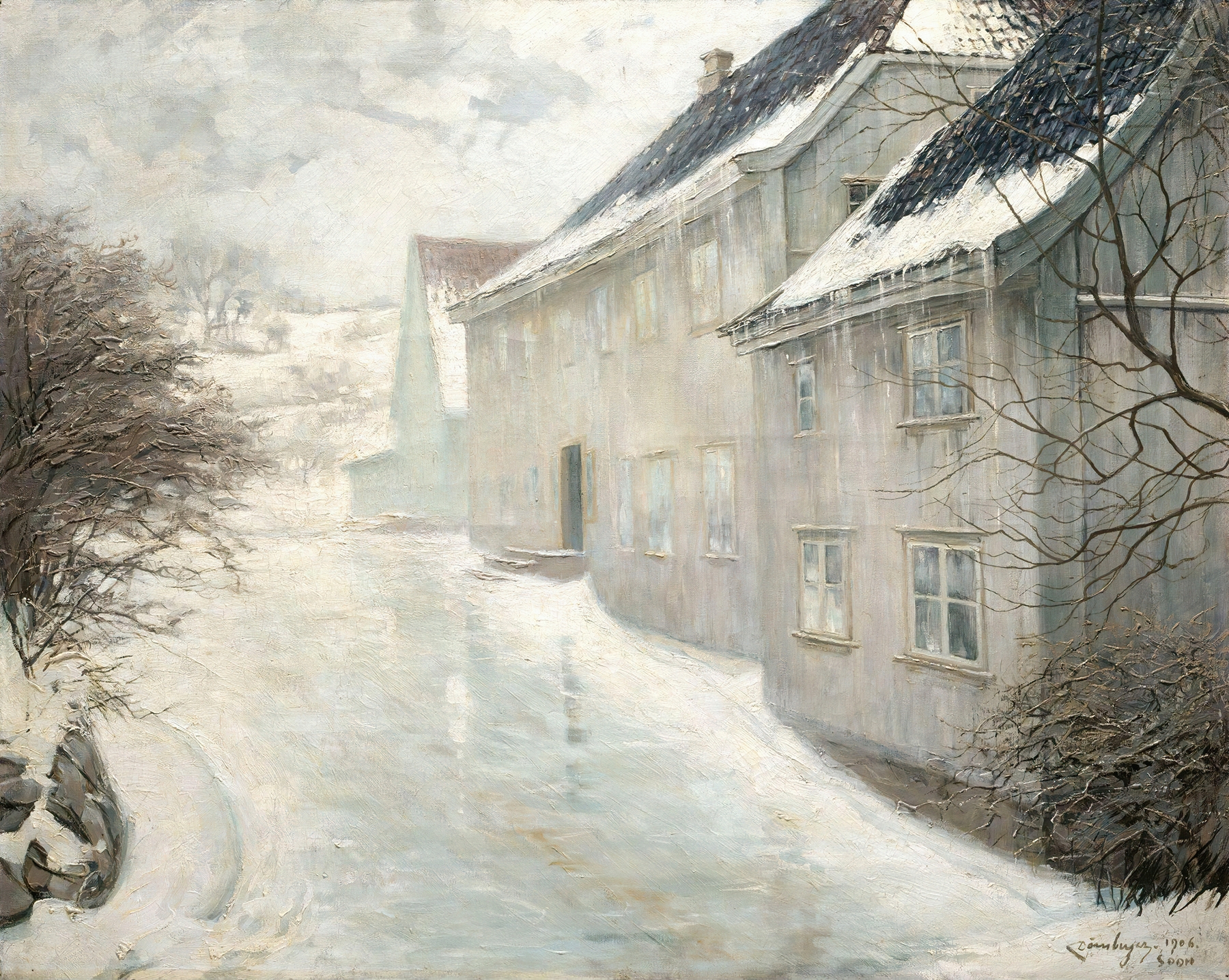 Oil painting by Karl Dørnberger depicting melting snow in a serene landscape