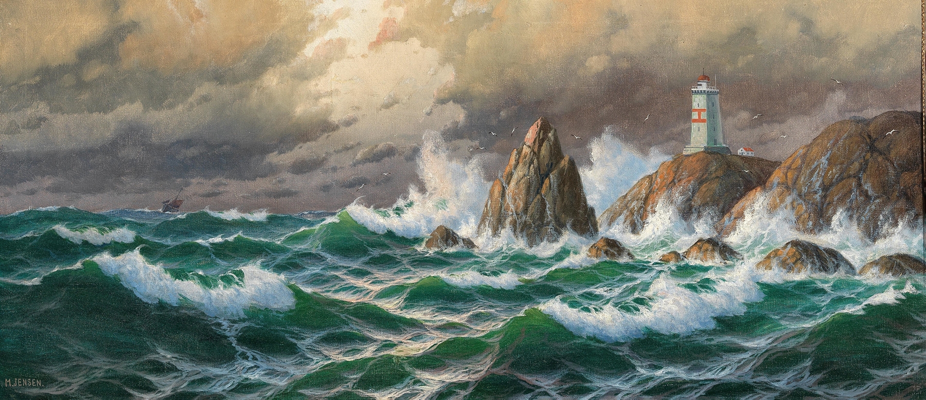 Breaking Waves with Lighthouse in Stormy Weather by Max Jensen, oil painting depicting crashing waves and a lighthouse