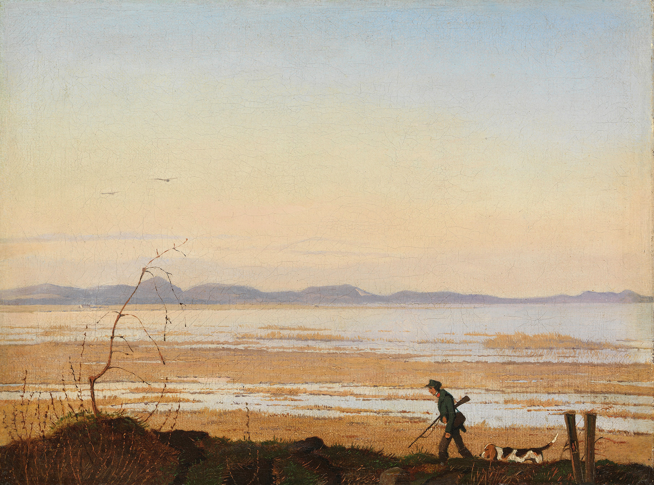 Landscape depicting a serene lake at twilight, oil painting by Johan Thomas Lundbye