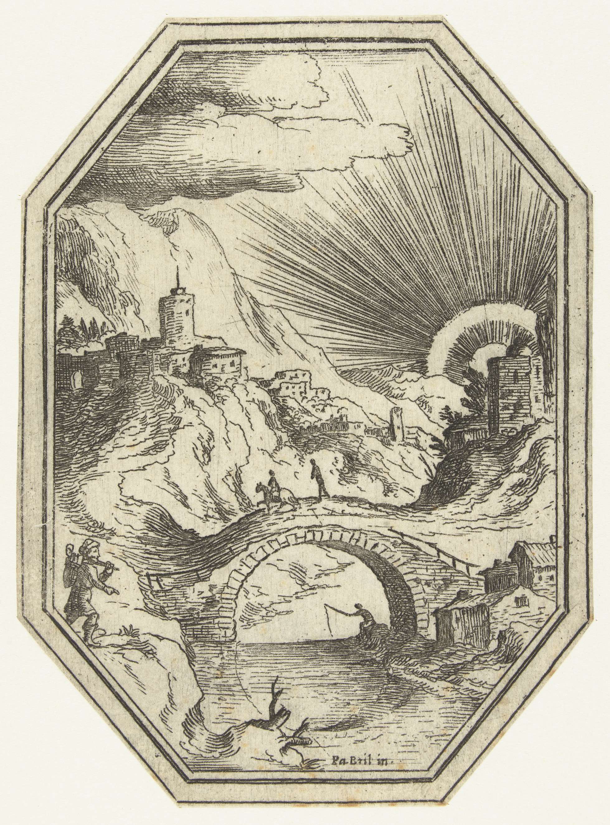 Landschap met stenen brug in octagonaal kader, by Paul Bril, public domain