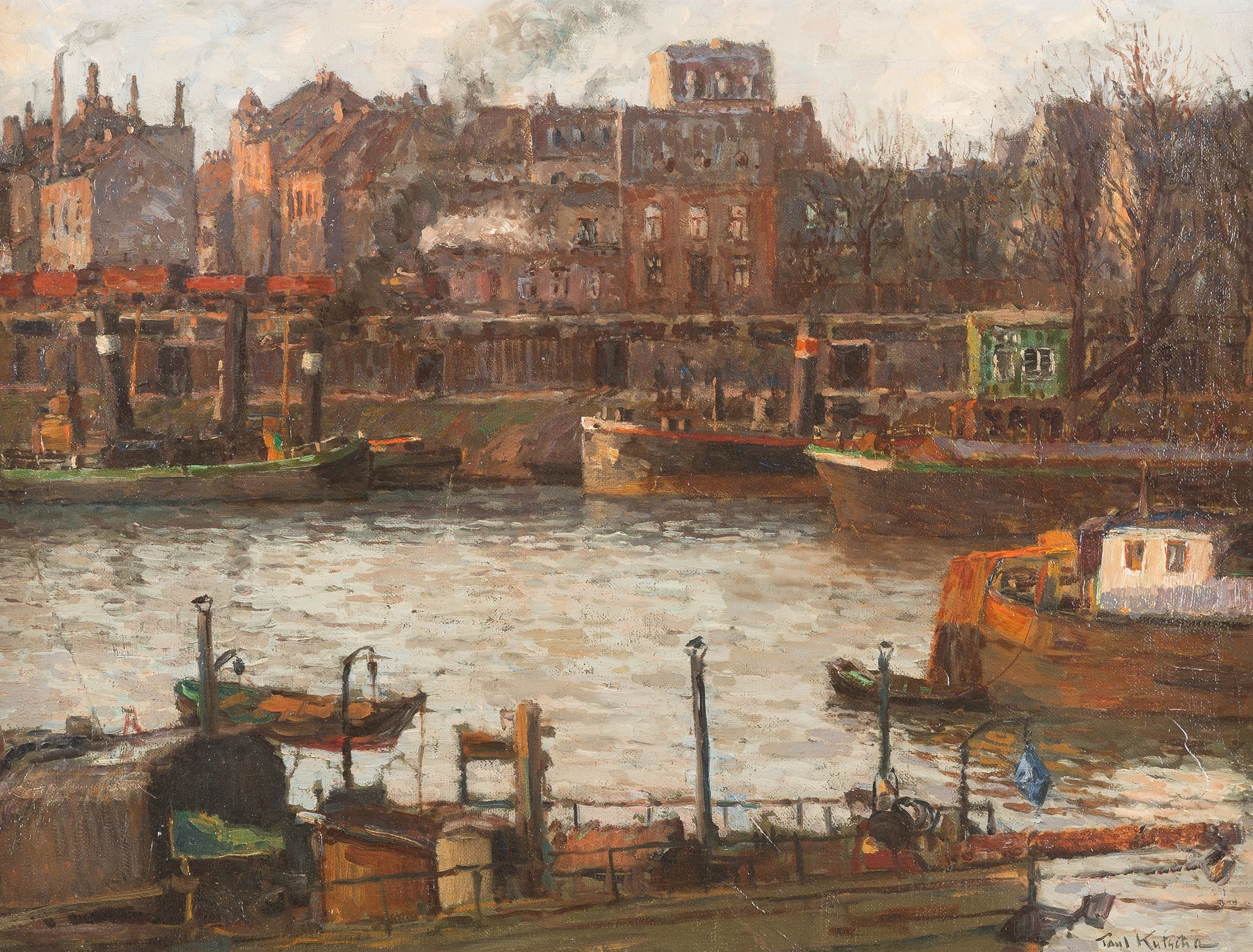 Duisburg harbour by Paul Kutscha, oil on canvas depicting cranes against an evening sky