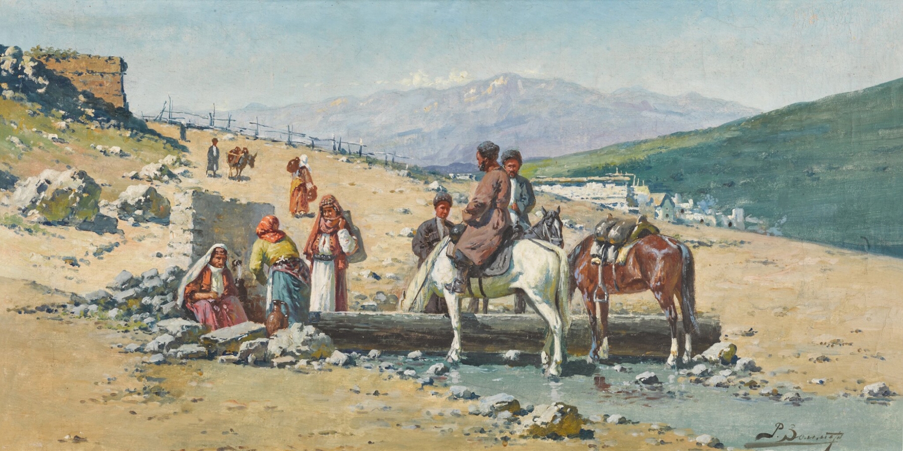 Figurative scene of figures at a well, oil painting by Richard Karlovich Zommer