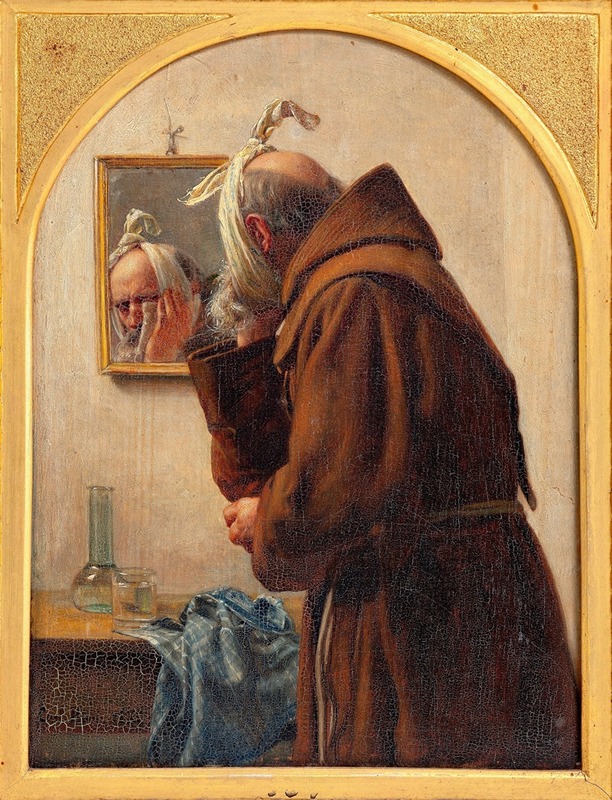 A monk gazes into a mirror, reflecting on his inner self.