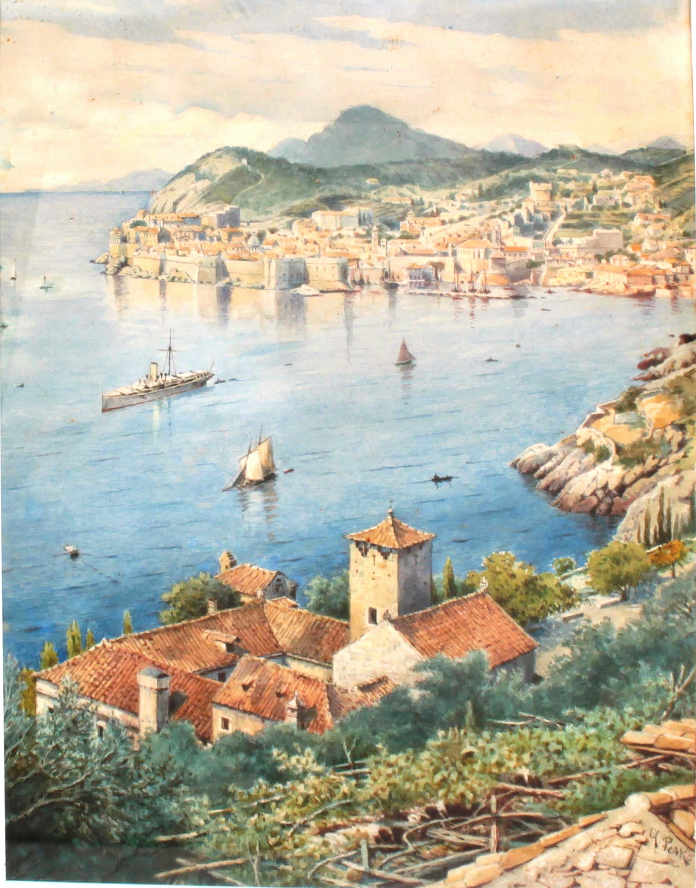 A View Of Dubrovnik by Anton Perko, oil painting depicting crashing waves and ancient city walls.
