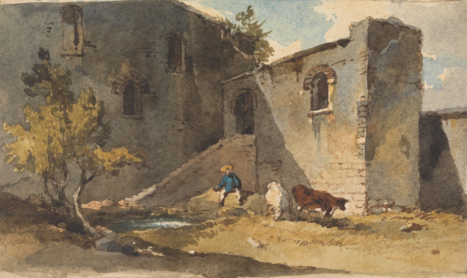 Figure with cattle standing in the shadow of a building, oil on canvas by George Chinnery