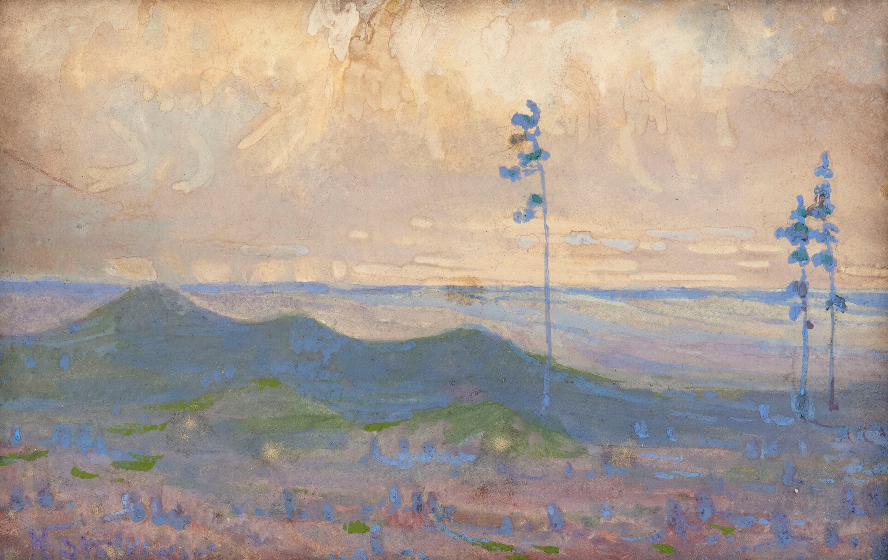 Landscape with three trees by Kazimierz Stabrowski, oil painting depicting a serene horizon.