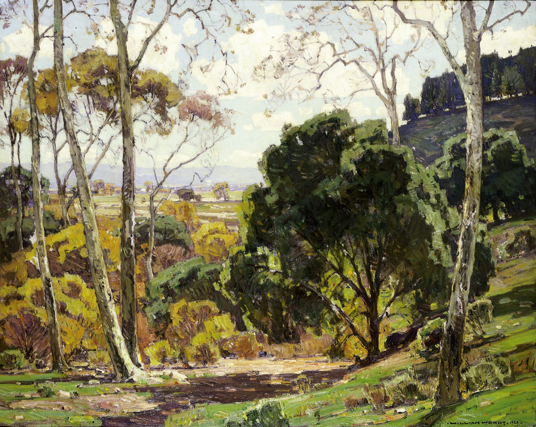 Days of Sunshine by William Wendt, oil on canvas depicting a sunlit meadow with shadows.