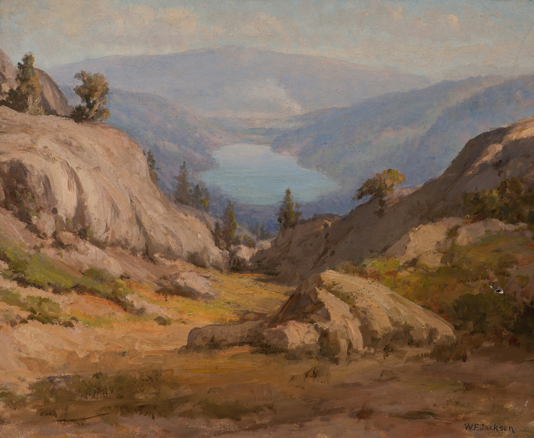 Oil painting of Donner Lake by William Franklin Jackson, showcasing vibrant hues and reflections.