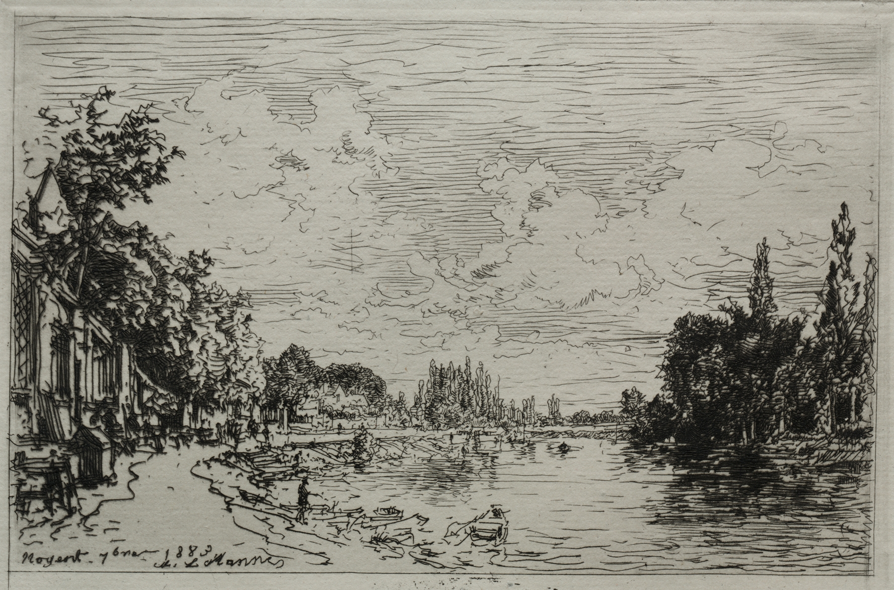 Engraving by Maxime Lalanne depicting a river and trees