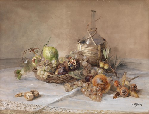 A still life painting featuring fruits and a Chianti bottle.