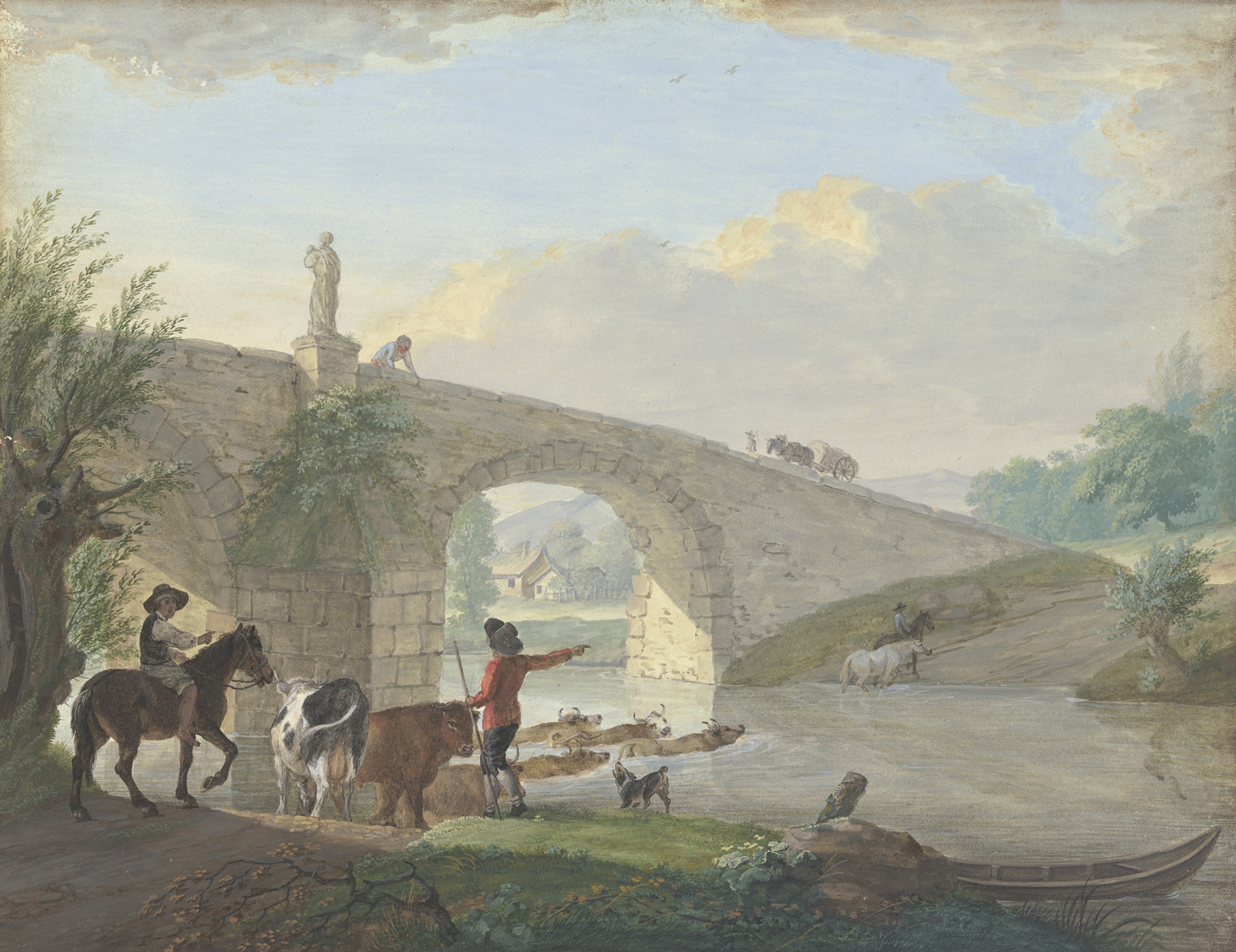 Viehherde mit zwei Hirten by Johann Georg Pforr, genre scene, depicting shepherds crossing a river.