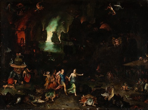Aeneas and the Cumaean Sibyl are depicted in a dark underworld setting.
