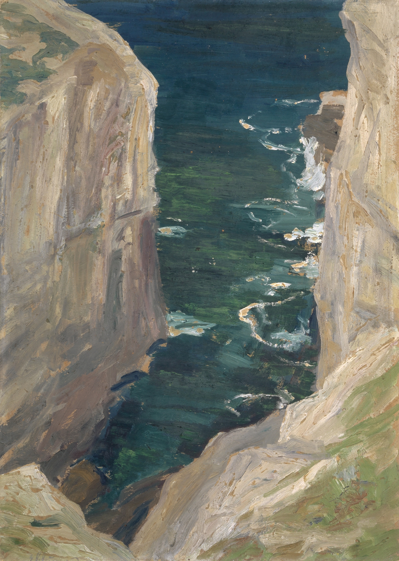 Oil painting by Ernst Schiess depicting a rocky coast and crashing waves