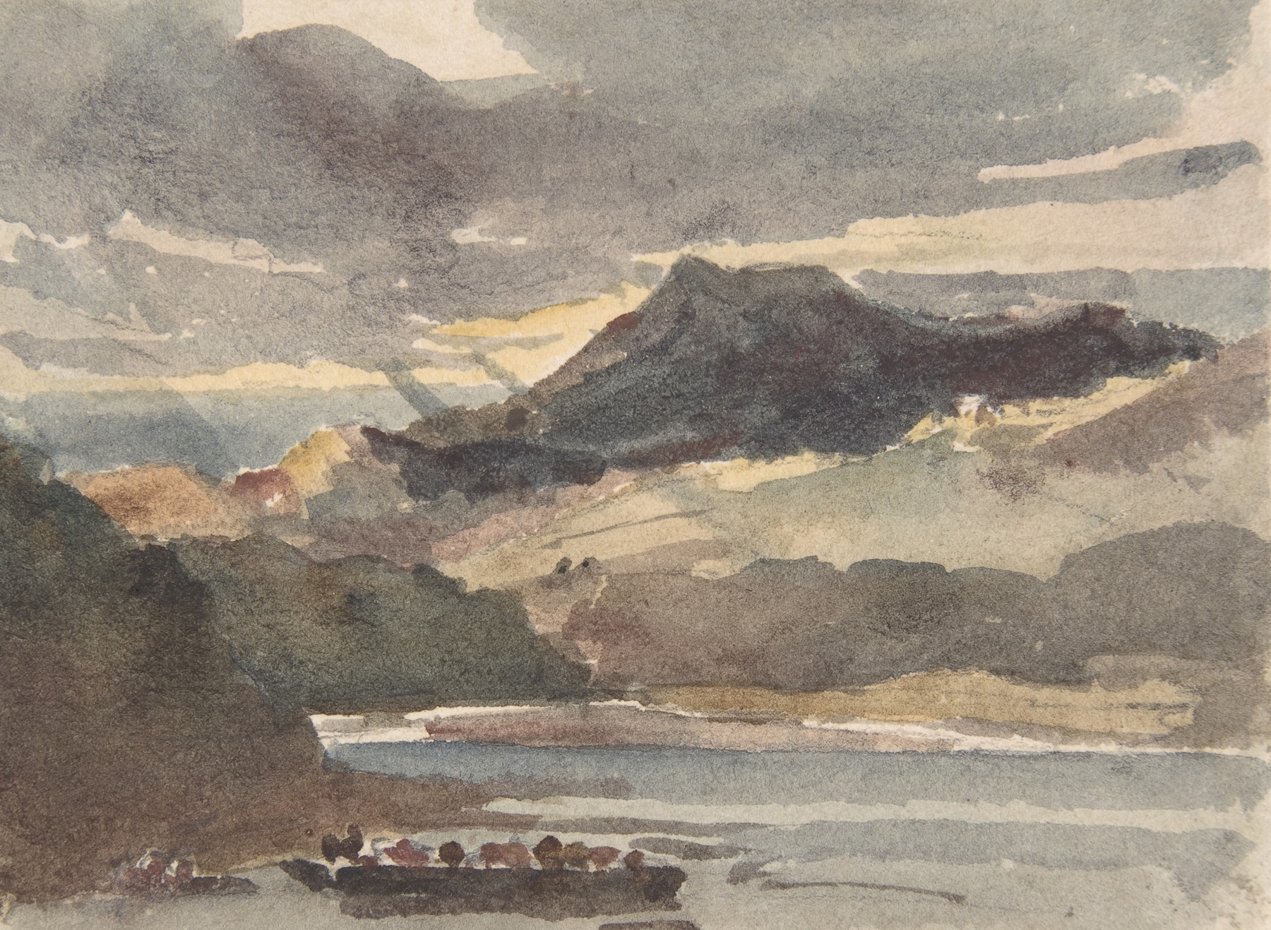 Study for ‘The Ferry’ by Peter De Wint, oil painting depicting water movement and a ferry.