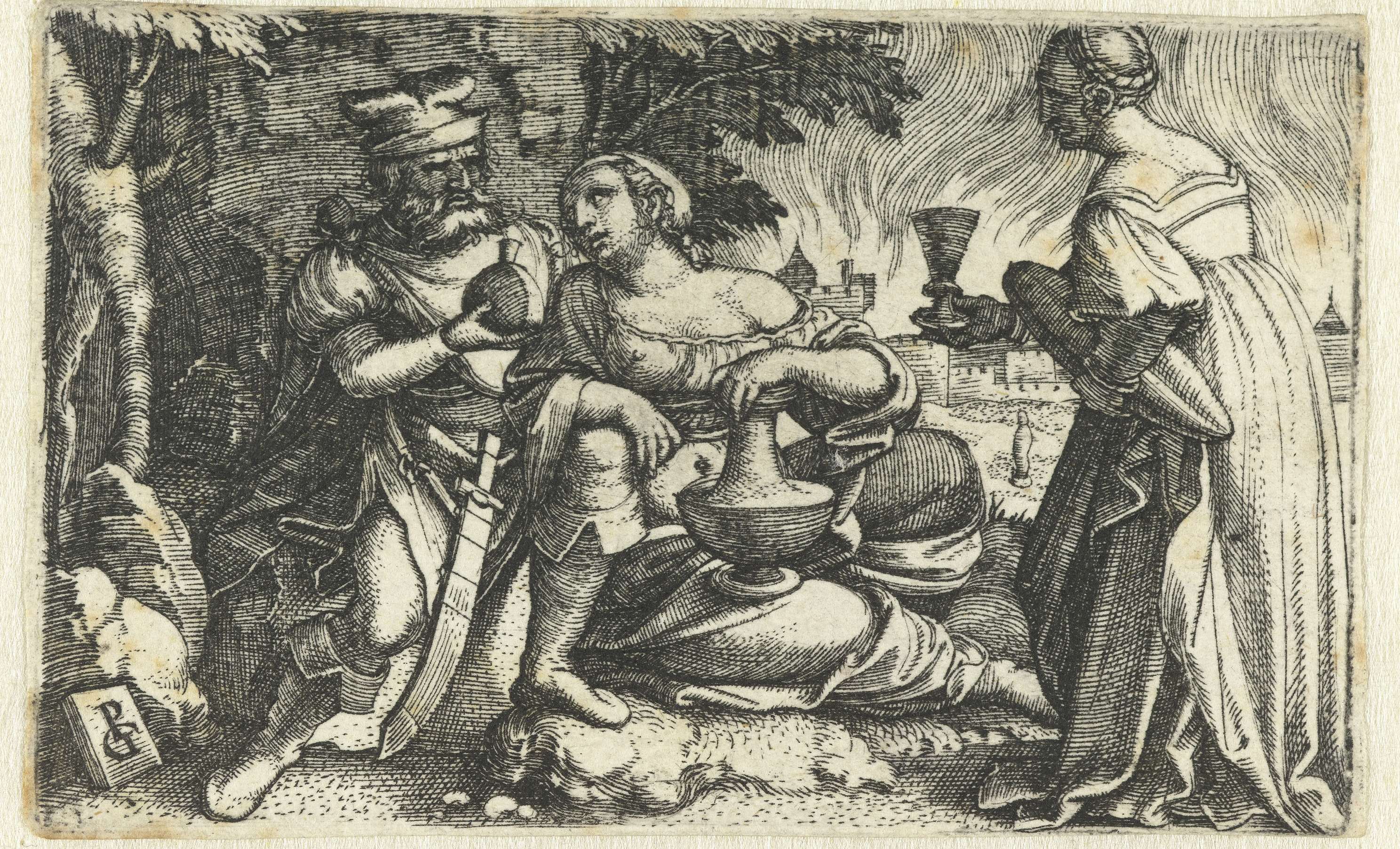 Engraving by Georg Pencz depicting Lot and his daughters in a historical scene.