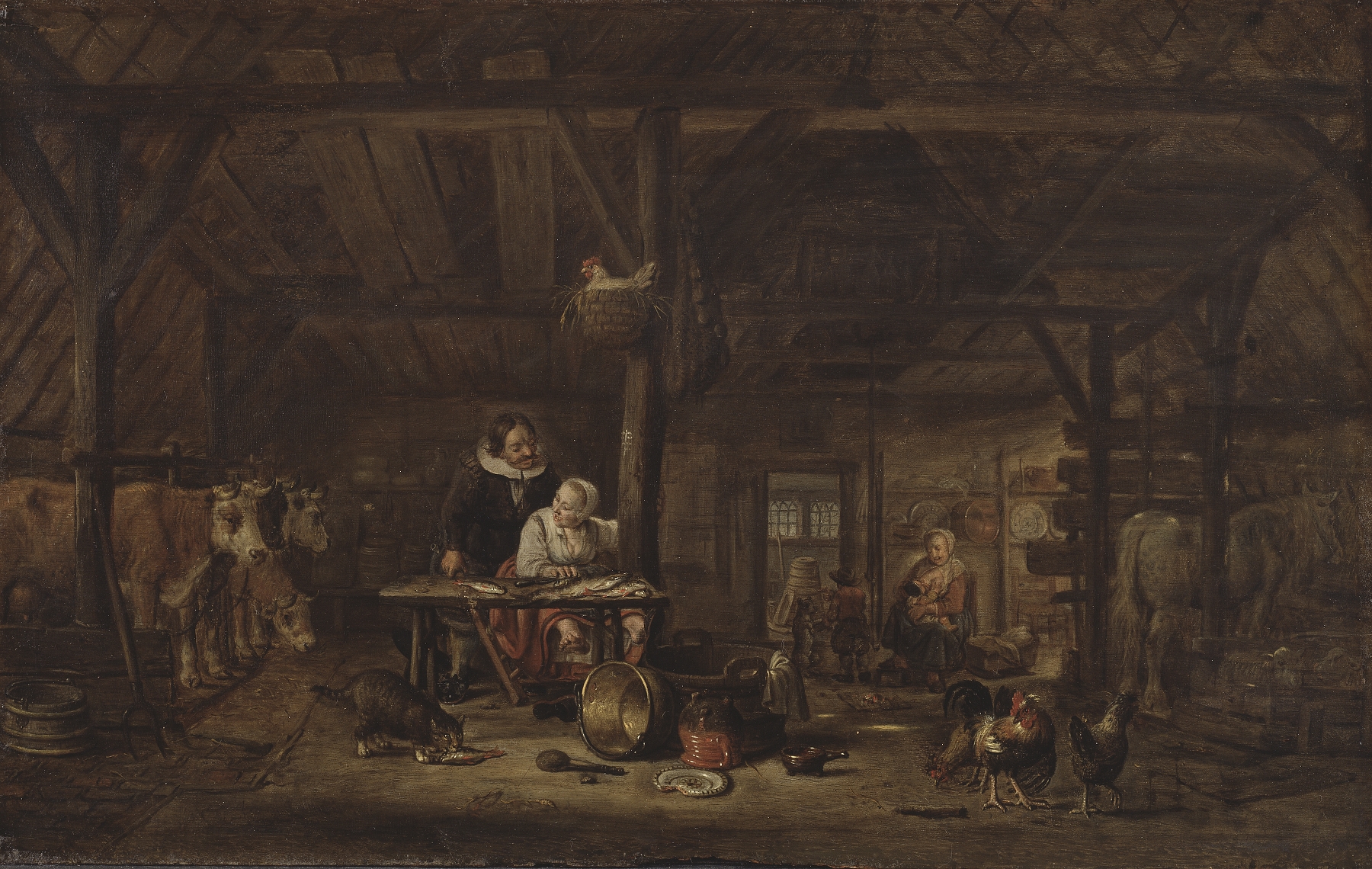 Interior of a stable with wooden beams, oil on canvas by Govert Dircksz Camphuysen