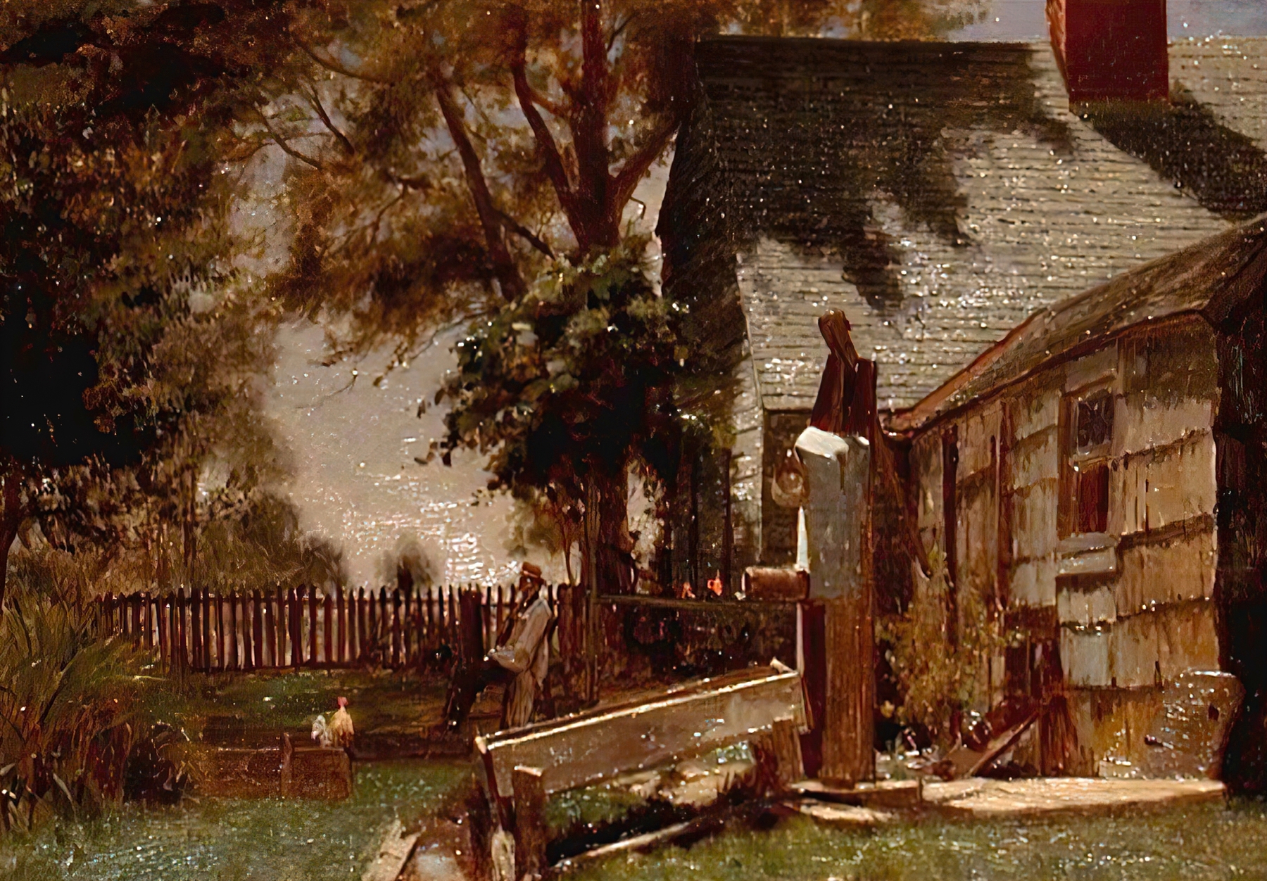 Old House On Long Island by Jervis McEntee, oil painting of a decaying structure in earthy tones.